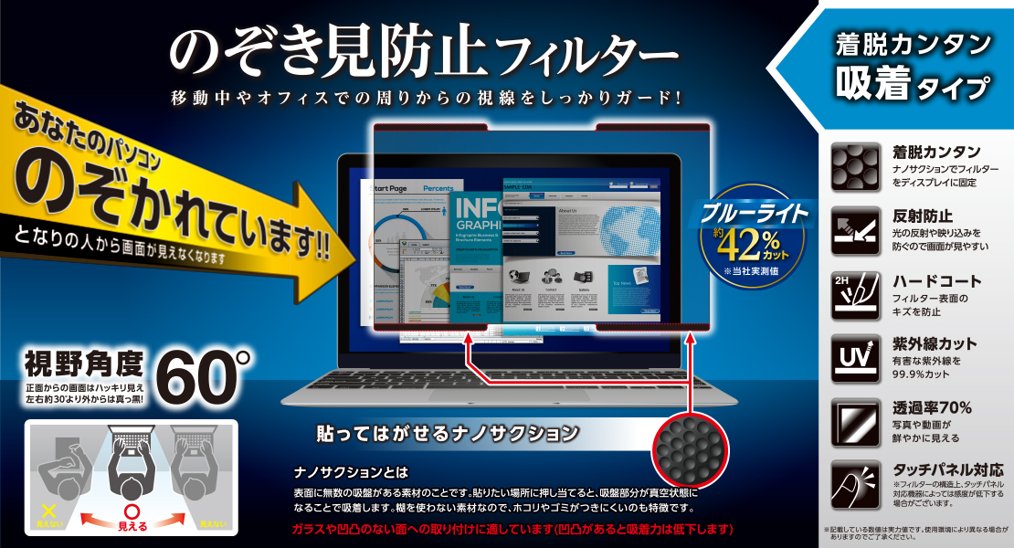 取り外し、取り付けカンタン！のぞき見から画面を守る:　のぞき見防止フィルター　15.6Wインチ(16:9)対応　吸着式タイプ　EF-PFNS156W-