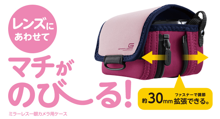 レンズにあわせてマチがのびーる!約30mmファスナーで調整拡張できる。ミラーレス一眼カメラ用ケース レンズにあわせてマチがのびーる!約30mmファスナーで調整拡張できる。ミラーレス一眼カメラ用ケース