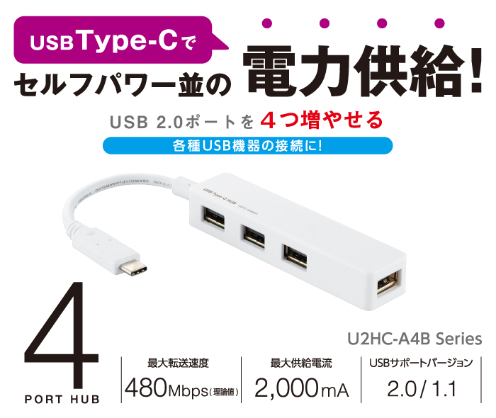 USB Type-Cでセルフパワー並の電力供給!USB 2.0ポートを4つ増やせる 各種USB機種の接続に! USB Type-Cでセルフパワー並の電力供給!USB 2.0ポートを4つ増やせる 各種USB機種の接続に!