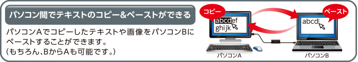 パソコン間でテキストのコピー＆ペーストができる。パソコンAのキーボード・マウスでパソコンBを操作することができます。（もちろん、BからAも可能です。）     
