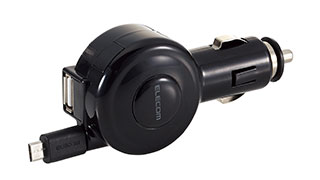 microUSB+USBで2台同時に充電可能な巻き取り式のシガーチャージャー microUSB+USBで2台同時に充電可能な巻き取り式のシガーチャージャー