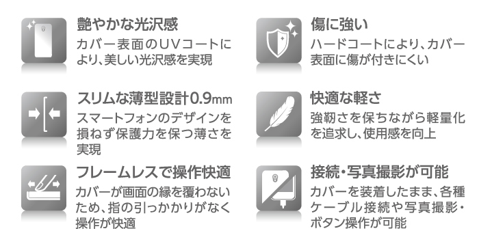 ■艶やかな光沢感 カバー表面のUVコートにより、美しい光沢感を実現 ■傷に強い ハードコートにより、カバー表面に傷が付きにくい ■スリムな薄型設計0.9mm スマートフォンのデザインを損ねず保護力を保つ薄さを実現 ■快適な薄さ 強靭さを保ちながら軽量化を追求し、使用感を向上 ■フレームレスで操作快適 カバーが縁を覆わないため、指に引っかかりがなく操作が快適 ■接続・写真撮影が可能 カバーを装着したまま、各種ケーブル接続や写真撮影・ボタン操作が可能
■艶やかな光沢感 カバー表面のUVコートにより、美しい光沢感を実現 ■傷に強い ハードコートにより、カバー表面に傷が付きにくい ■スリムな薄型設計0.9mm スマートフォンのデザインを損ねず保護力を保つ薄さを実現 ■快適な薄さ 強靭さを保ちながら軽量化を追求し、使用感を向上 ■フレームレスで操作快適 カバーが縁を覆わないため、指に引っかかりがなく操作が快適 ■接続・写真撮影が可能 カバーを装着したまま、各種ケーブル接続や写真撮影・ボタン操作が可能