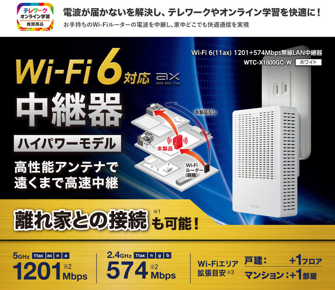 Wi-Fi 6(11ax) 1201+574Mbps無線LAN中継器 - WTC-X1800GC-W