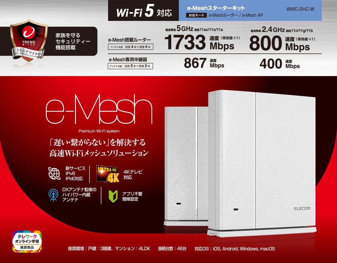 Wi-Fi 5 1733+800Mbps e-Meshスターターキット - WMC-2HC-W