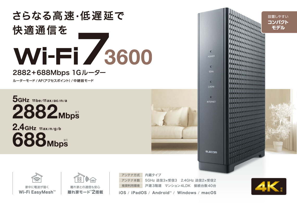 Wi-Fi 7 2882+688Mbps 1Gルーター - WRC-BE36GS-B