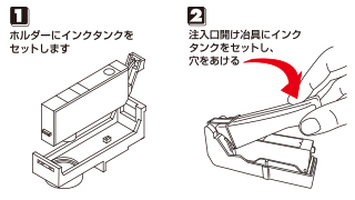 1.ホルダーにインクタンクをセットする、2.落としねじを回して穴をあける 1.ホルダーにインクタンクをセットする、2.落としねじを回して穴をあける