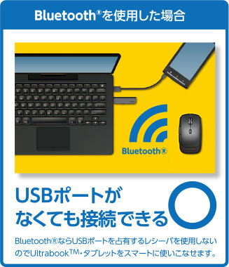 Bluetoothを使用した場合/USBポートがなくても接続できる BluetoothならUSBポートを占有するレシーバを使用しないので、Ultrabook(TM)タブレットをスマートに使いこなせます。