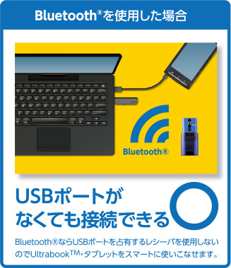 Bluetoothを使用した場合/USBポートがなくても接続できる BluetoothならUSBポートを占有するレシーバを使用しないので、Ultrabook(TM)タブレットをスマートに使いこなせます。