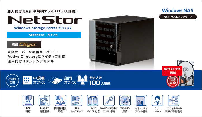 WSS2012R2std搭載4ベイRAID5ボックスNAS NSB-75S4CS2シリーズ