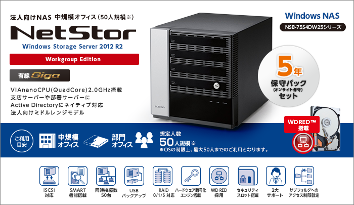 WSS2012R2std搭載4ベイRAID5ボックスNAS NSB-75S4CS2シリーズ