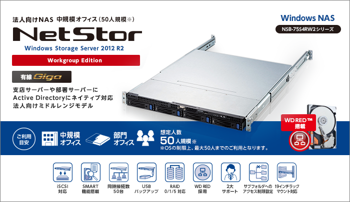 WSS2012R2std搭載4ベイRAID5ボックスNAS NSB-75S4CS2シリーズ