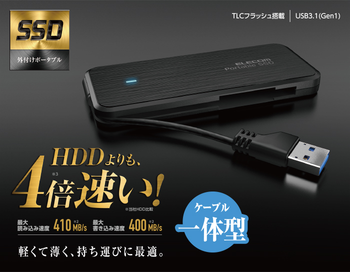 ケーブル収納型外付けポータブルSSD - ESD-EC0480GBK