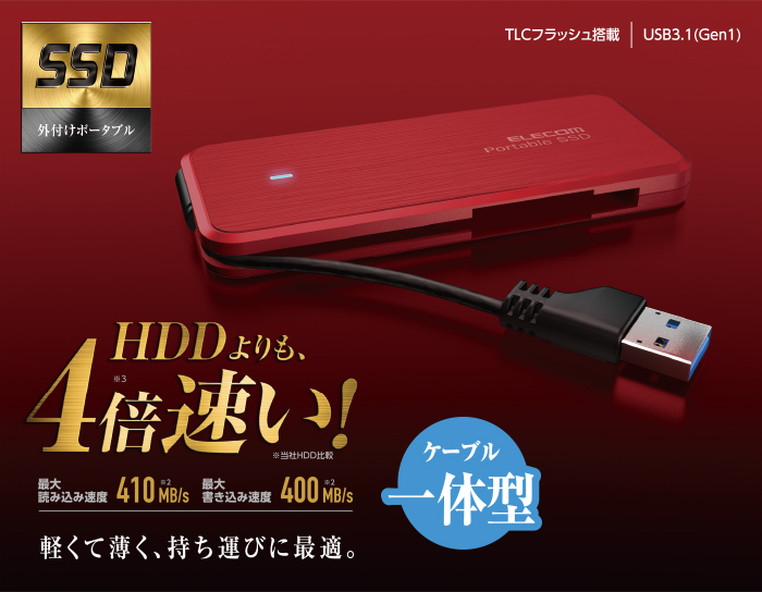 ケーブル収納型外付けポータブルSSD - ESD-EC0480GRD