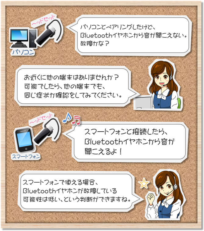 「パソコンと接続したけどBluetoothイヤホンから音が聞こえない」「他の端末でも同じ症状か確認してください」「スマートフォンと接続したらBluetoothイヤホンから音が聞こえた」「スマートフォンで使える場合Bluetoothイヤホンが故障している可能性は低い、という判断ができます」