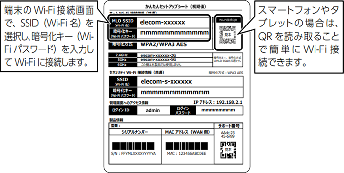 端末のWi-Fi接続画面で、SSID（Wi-Fi名）を選択し、暗号化キー（Wi-Fiパスワード）を入力してWi-Fiに接続します。スマートフォンやタブレットの場合は、接続したい帯域のQRを読み取ることでかんたんにWi-Fi接続できます。