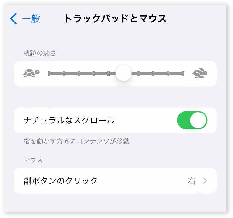 iPhoneトラックパッドとマウス設定画面