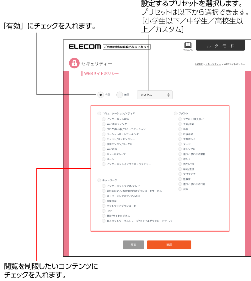 設定／確認するプリセットを選択し、閲覧を制限するコンテンツの種類にチェックを入れます。