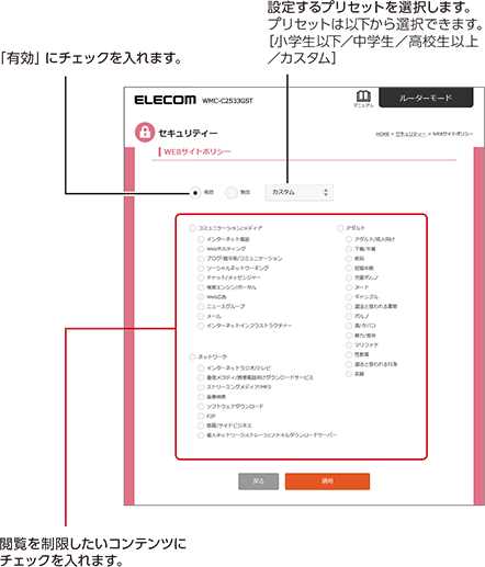 設定／確認するプリセットを選択し、閲覧を制限するコンテンツの種類にチェックを入れます。